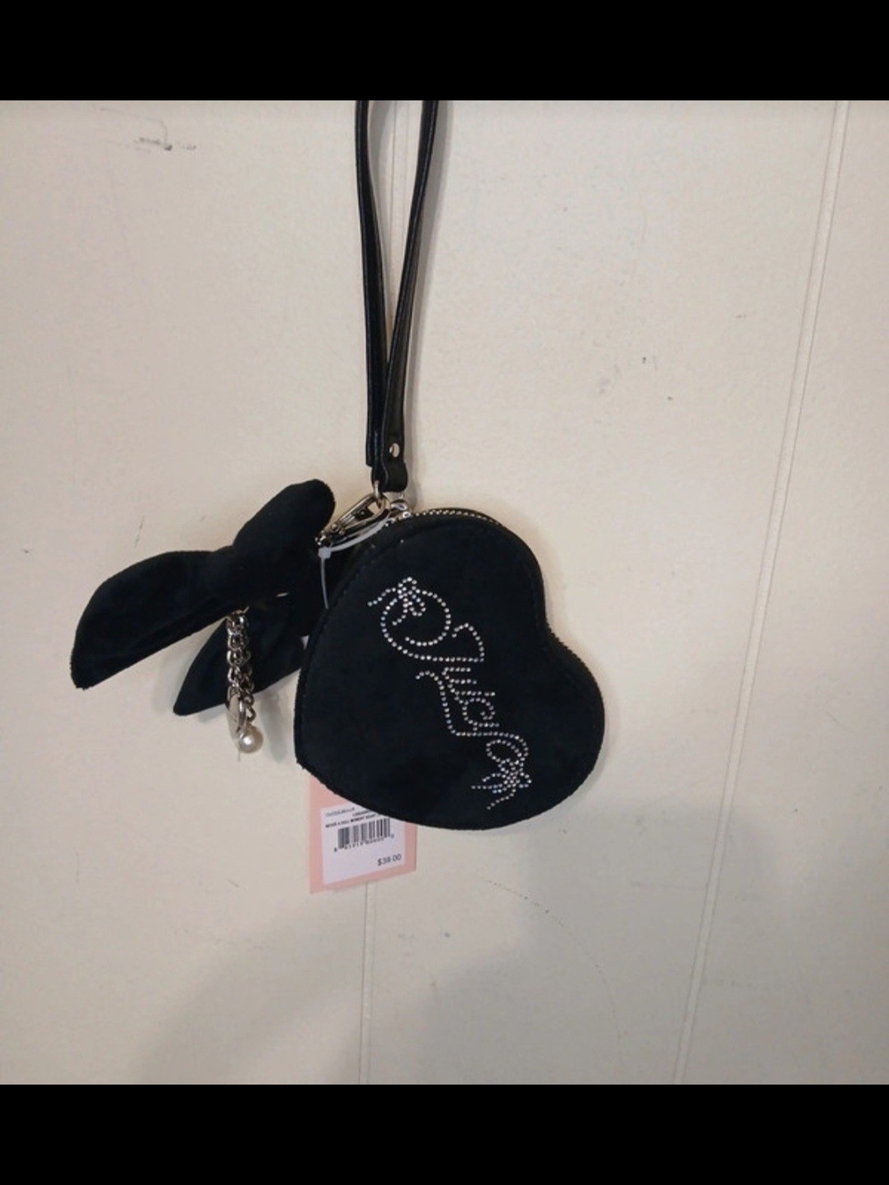 Juicy Couture Black Heart Wristlet with Bow And Heart Charm